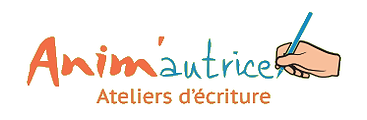 Logo Anim'autrice, ateliers d'écriture, avec une main tenant un crayon.
